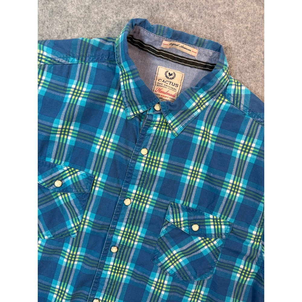 Cactus Authentic Clothing Mens XL Pearl Snap Plaid Western Shirt Blue Green Long